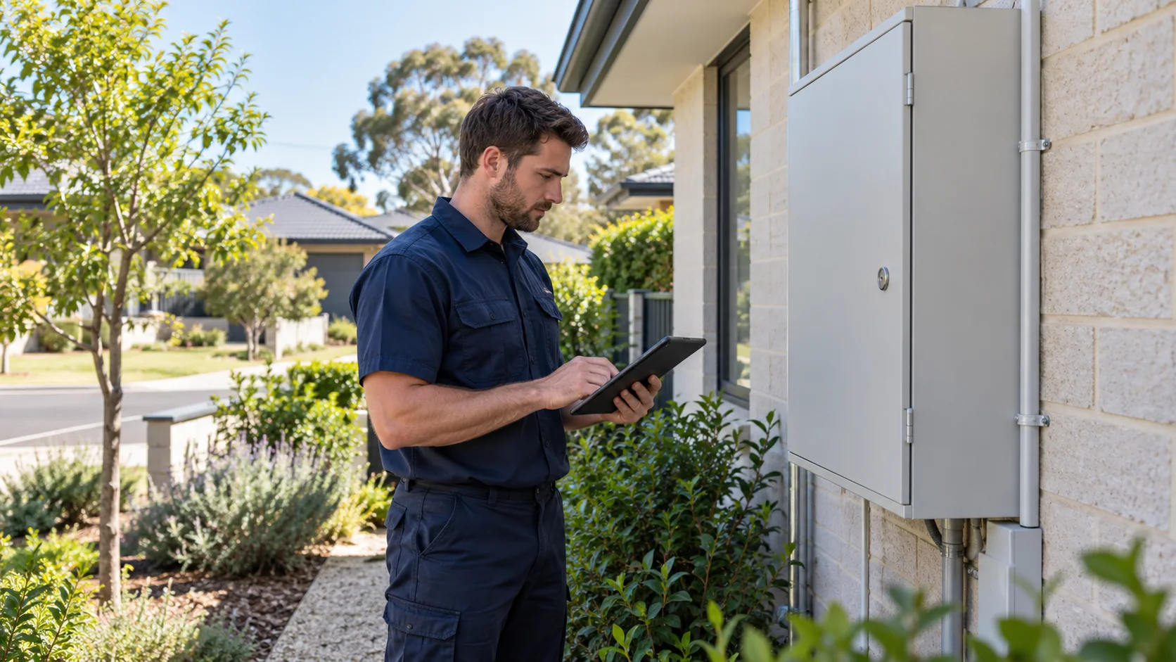 Electrician assessing a closed residential meter cabinet at an Adelaide home