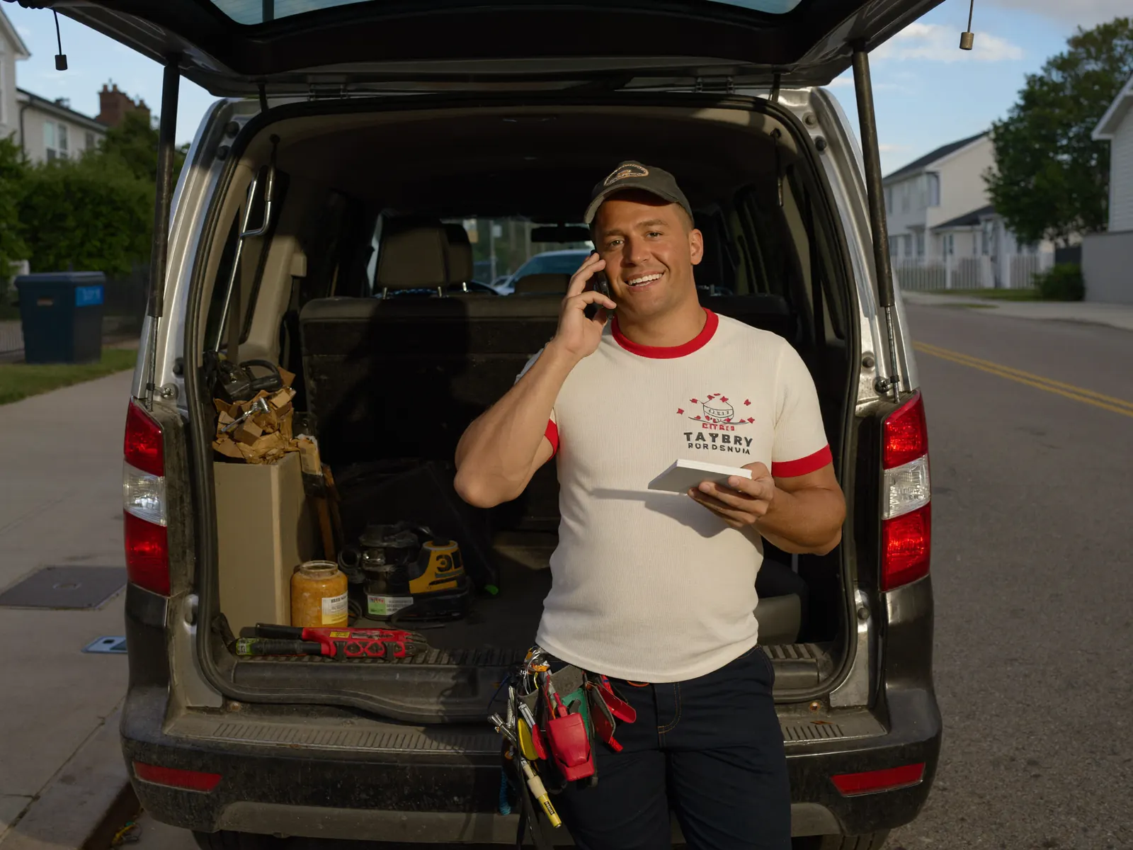 Adelaide electrician taking a booking call beside his work van