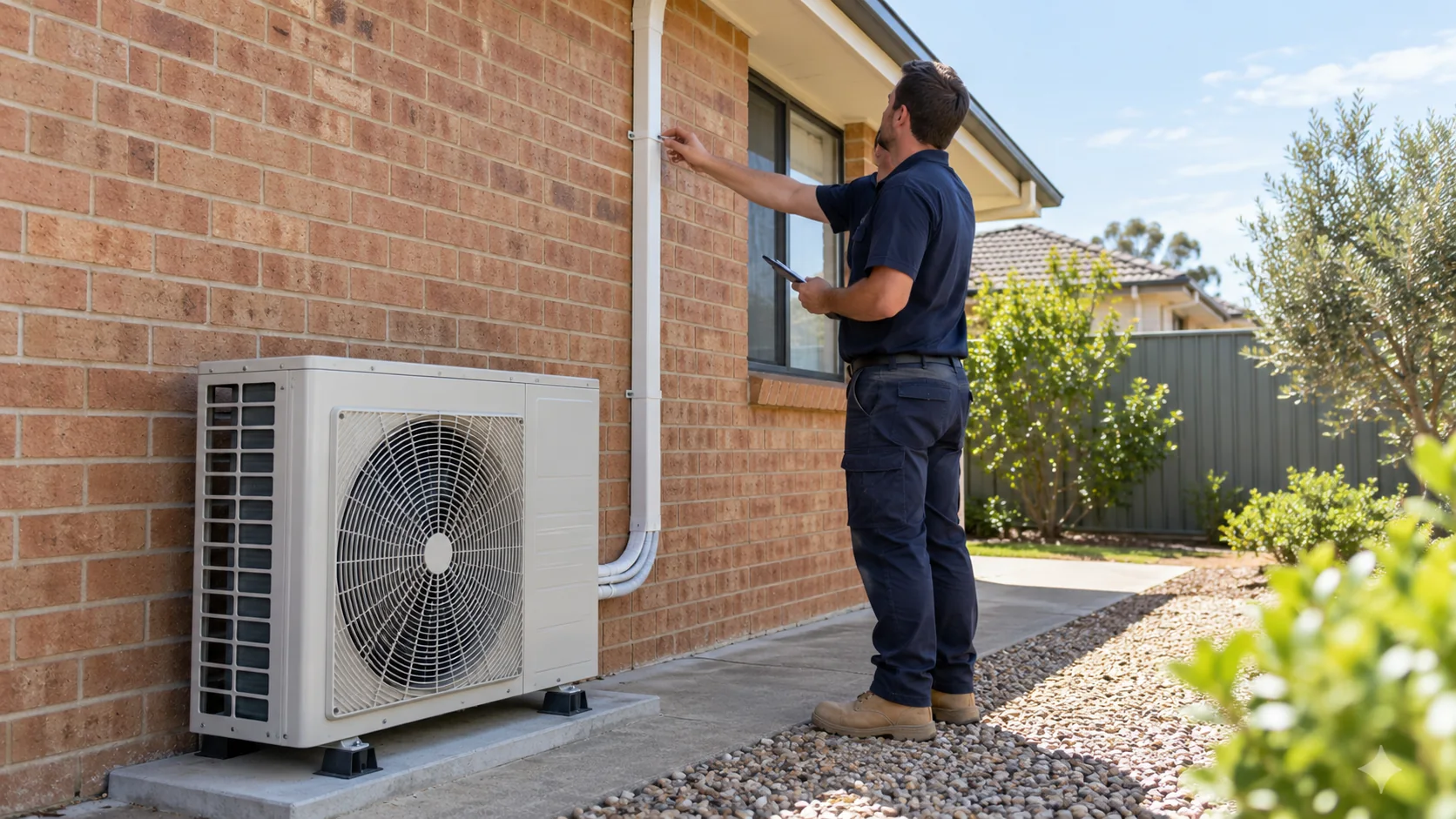 Outdoor split-system unit and technician assessing an Adelaide home's installation route