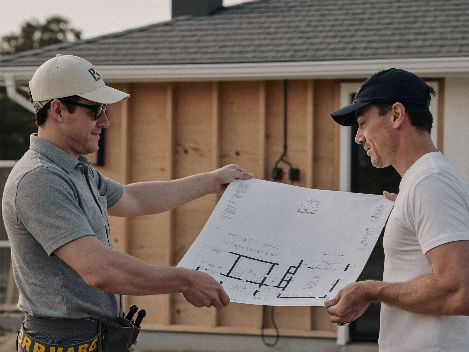 Builder and electrician reviewing electrical package plans on an Adelaide new-build site