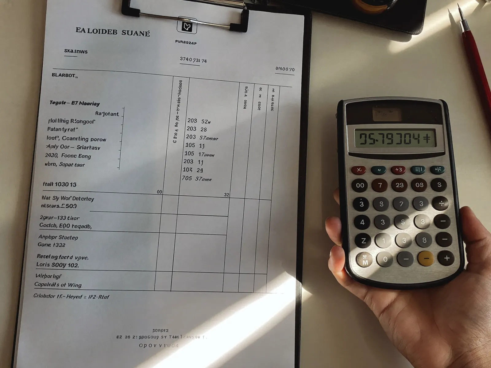 Calculator beside a printed electrical quote and invoice