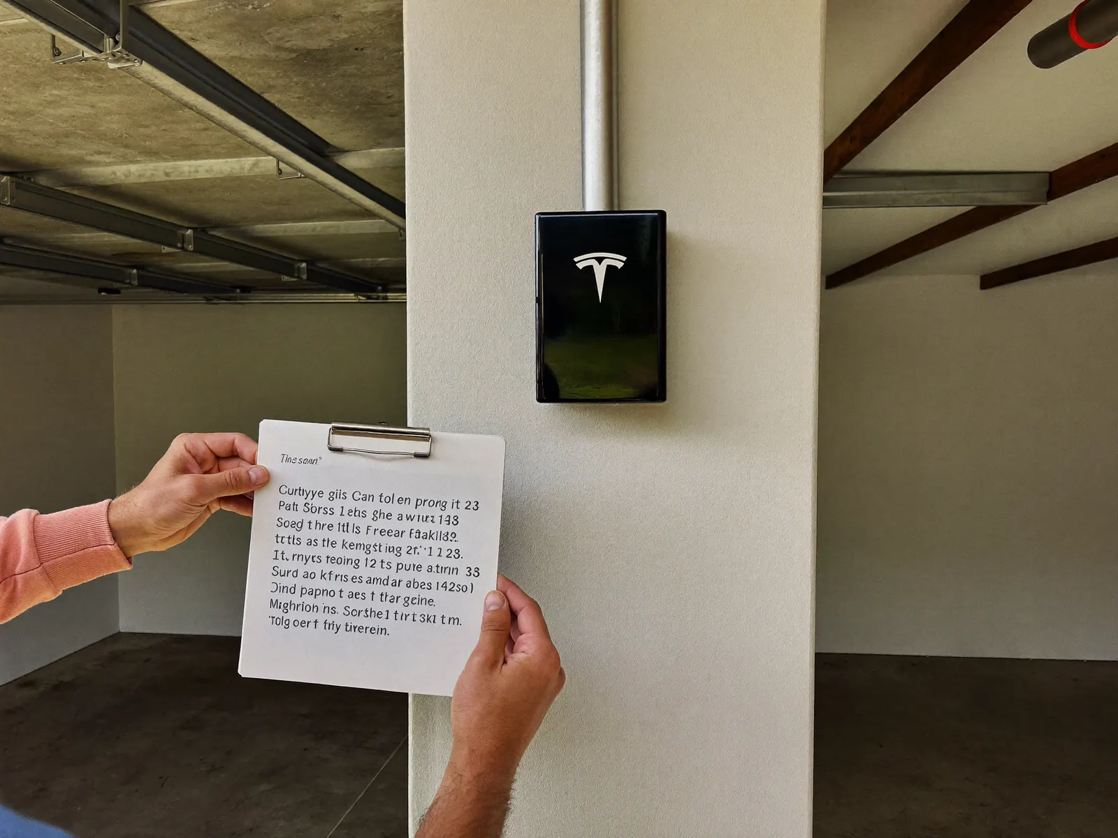 Electrician handing over a written quote beside a Tesla Wall Connector in Adelaide