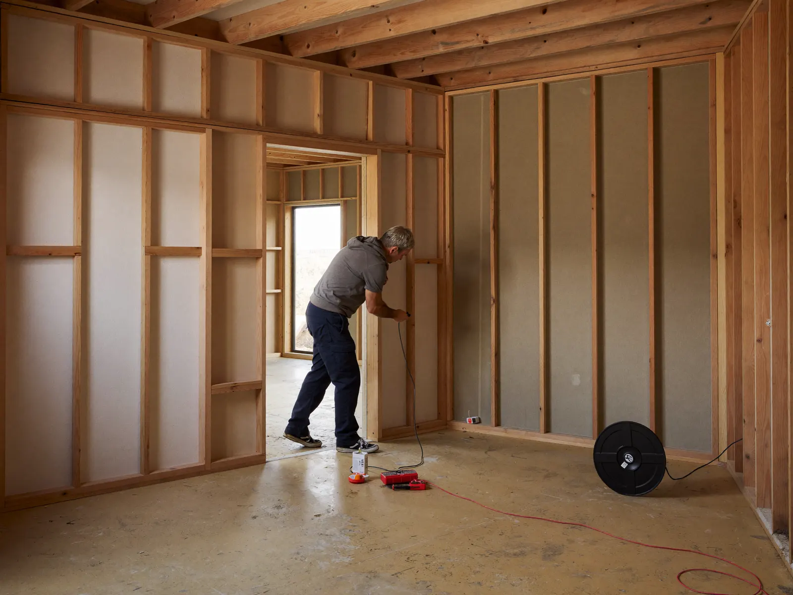 Electrician running cable during rough-in at an Adelaide new-build home