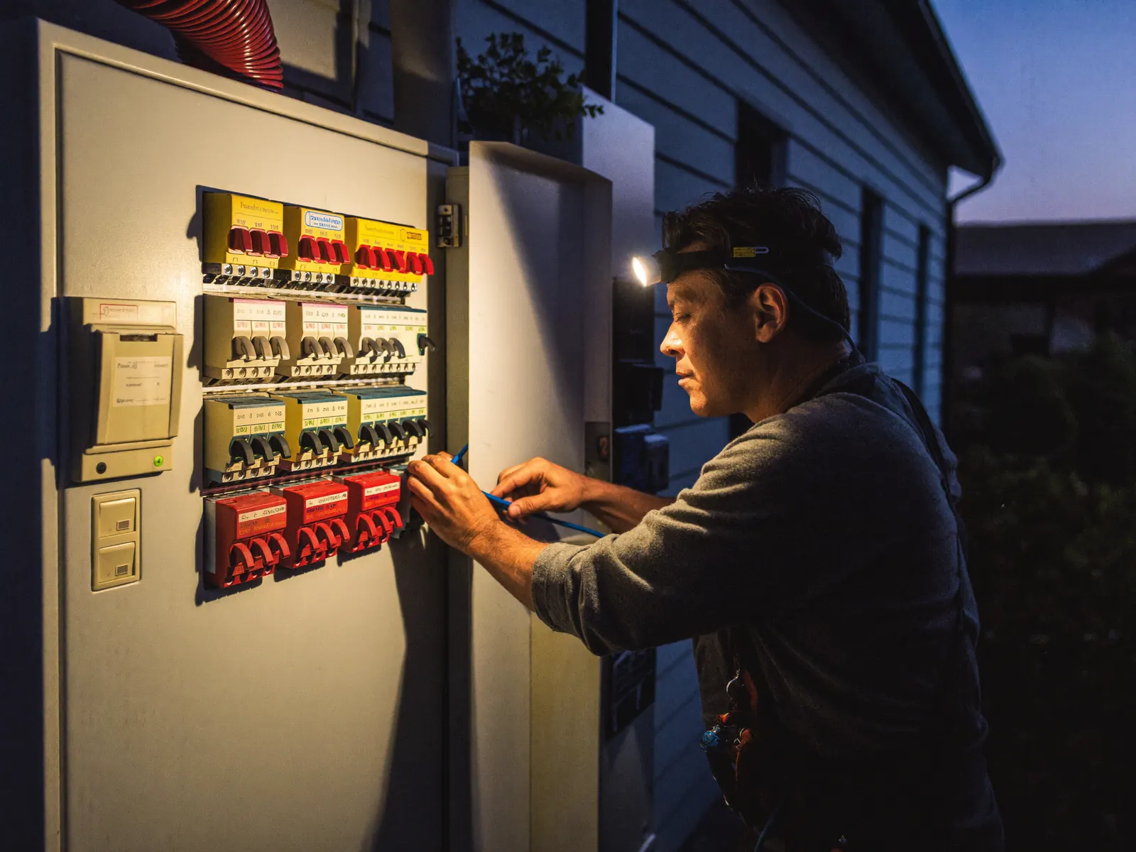 Emergency electrician inspecting an Australian switchboard at night in Adelaide