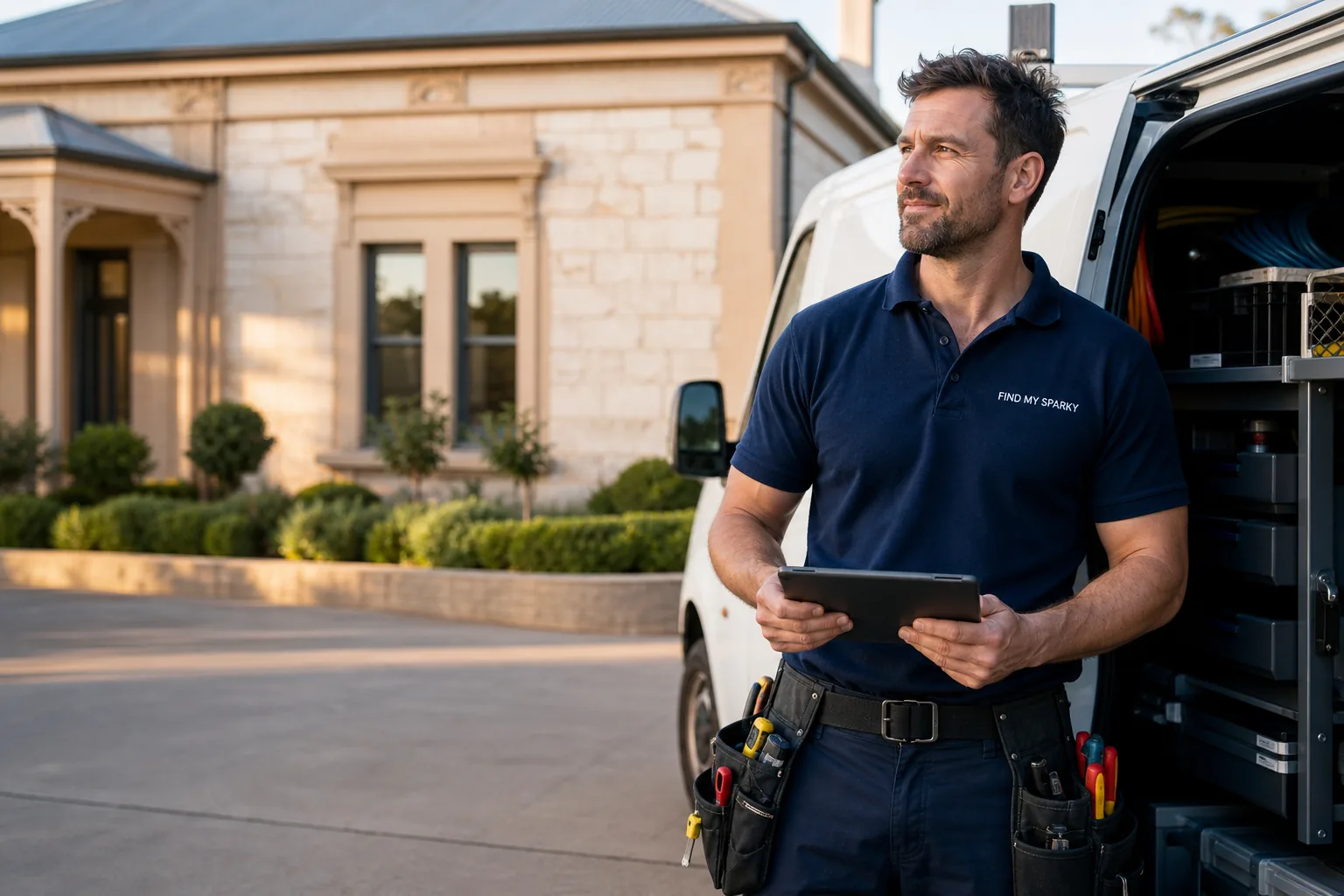 Find My Sparky electrician beside his trade van at an Adelaide home