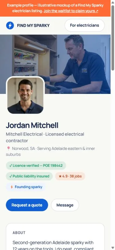 Preview of a Find My Sparky founding electrician profile