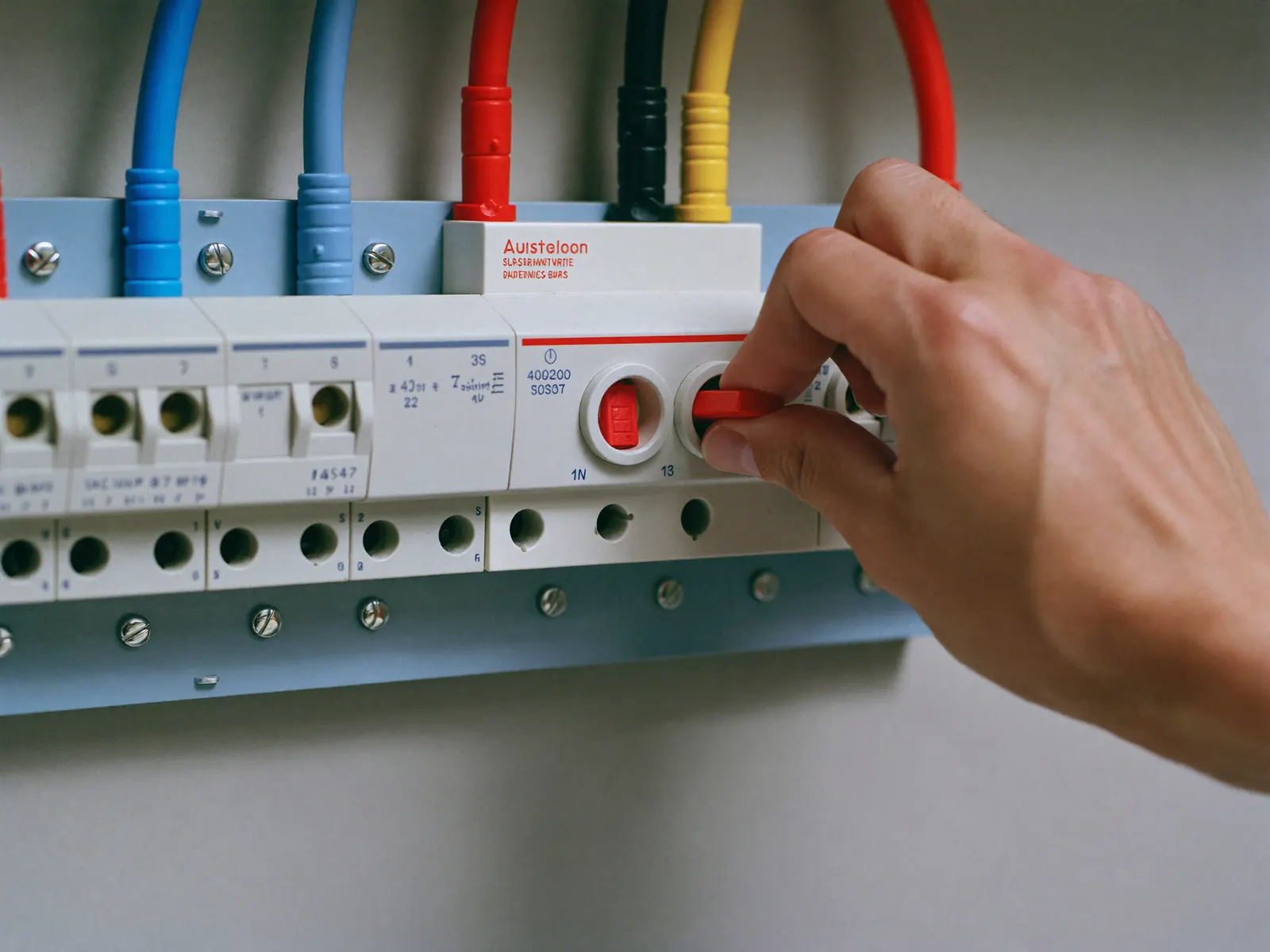 Hand resetting a tripped Australian safety switch on a switchboard