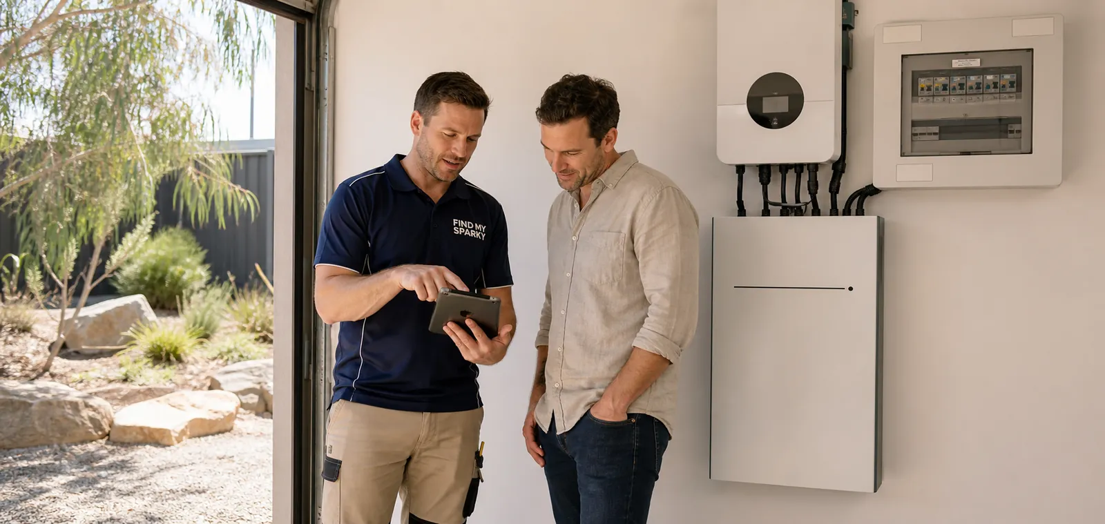 Adelaide homeowner reviewing a newly installed solar battery system with an electrician