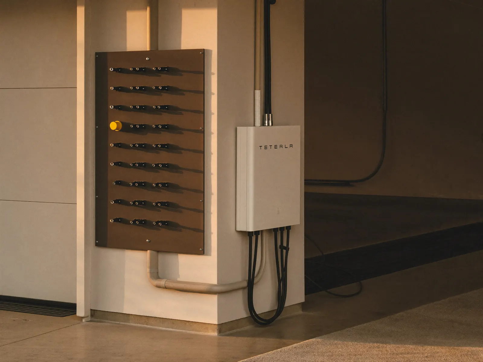 Home battery mounted on a garage wall beside an upgraded Australian switchboard