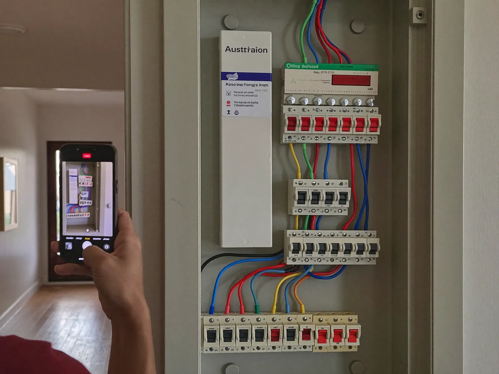 Homeowner photographing their Australian switchboard for an Adelaide safety check
