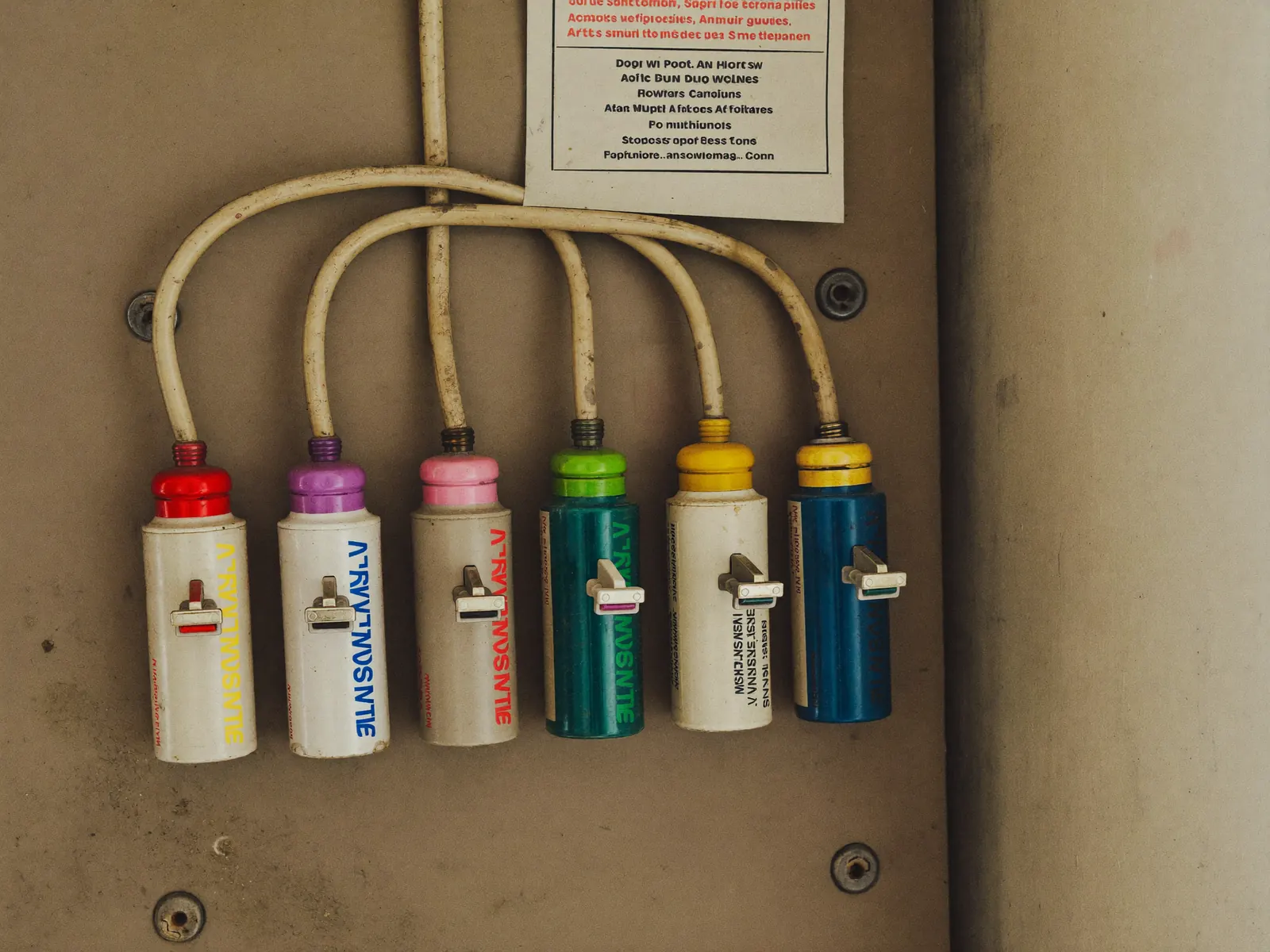 Worn Australian switchboard with ceramic fuses and no safety switches